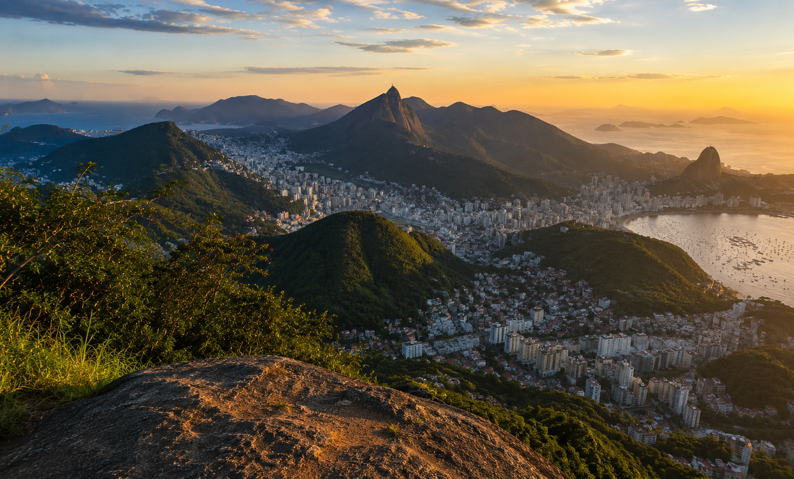 Panoramic sunset view of Rio de Janeiro from a mountain viewpoint